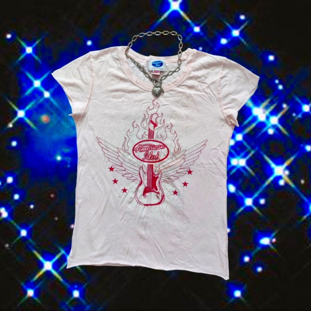American Idol Women's Cap Sleeve Baby Pink Fitted Vintage Graphic T Shirt